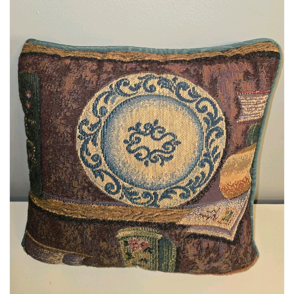 Vintage Tapestry Throw Pillow Teal Burgundy Medallion Woven Accent‎ 12x12
